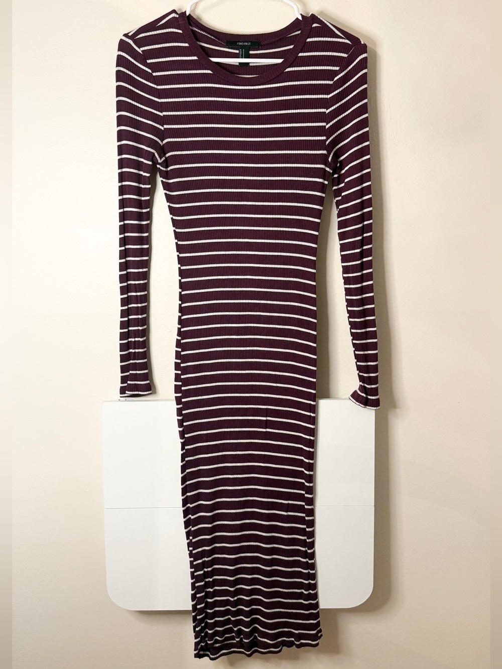 Forever 21 Burgundy and White Striped Long Sleeve Midi Dress